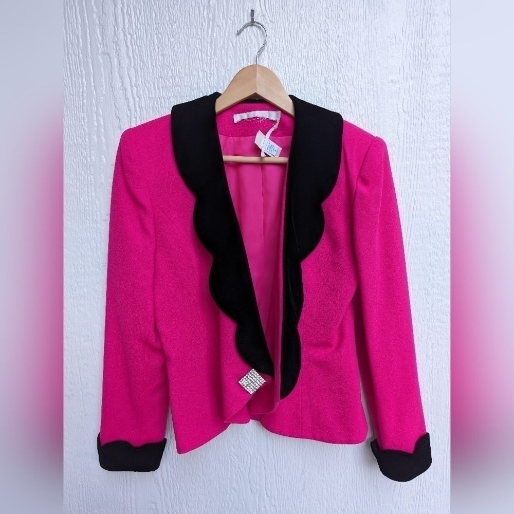 Vintage Union Made Label Barbiecore Magenta Pink Velvet Trim Rhinestone Blazer 6 - Picture 4 of 10
